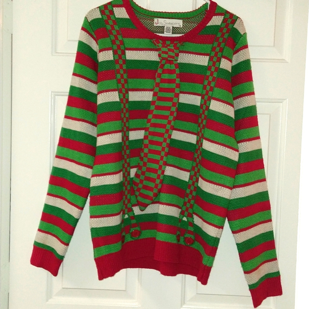 Jolly Sweaters Ugly Sweater with Tie Buttons Suspenders MD EUC